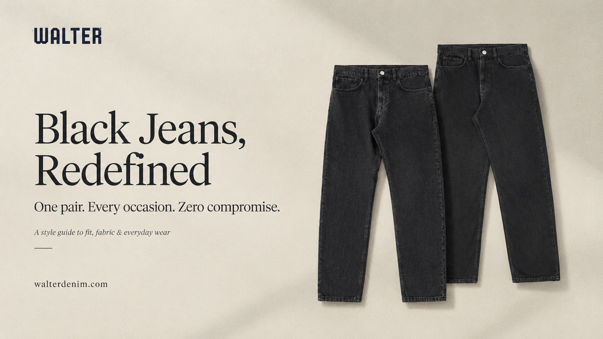 Walter Denim banner featuring two black jeans with the headline “Black Jeans, Redefined” and styling guide text.